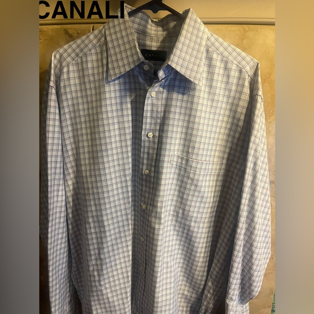 Canali Light Blue and White Windowpane Dress Shirt